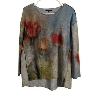 Lily London Womens Tunic Sweater M Blue Watercolor Floral Art To Wear Lagom